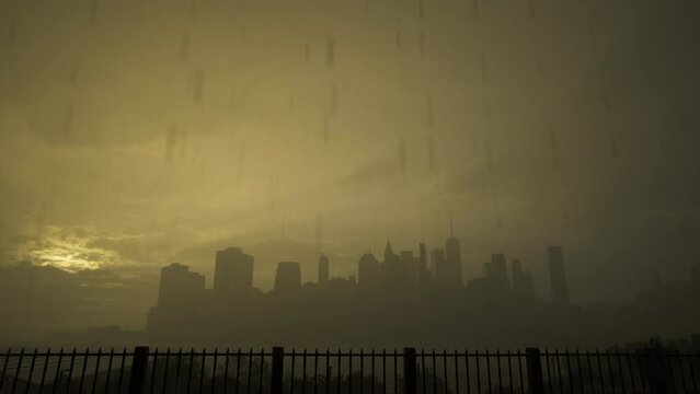 Heavy Yellow Storm Clouds and Rain Over New York City