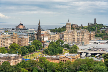 Panoramic view of the city of Edinburgh from the castle hill located in the city, Scotland.