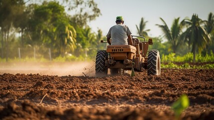 Obraz premium A Farming Industry: Close - up of farmer driving a tractor, happy farmer at work, plowing land for planting