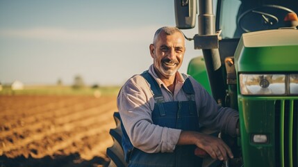 A Close - up view of corn farmer standing near tractor, happy farmer at work, preparing soil for...