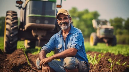Poster A Close - up view of corn farmer standing near tractor, happy farmer at work, preparing soil for planting, tractor in plantation industry, farming background © Phoophinyo