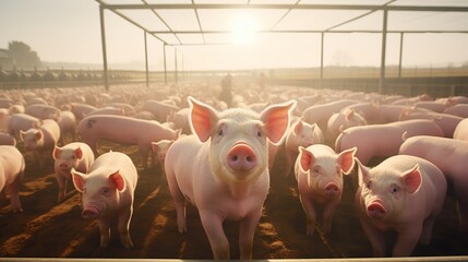 Agricultural Crops: Pigs in pig farms still eat from troughs. Food in the barn, healthy pigs, pig farm - obrazy, fototapety, plakaty