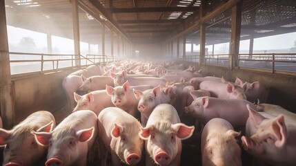 Agricultural Crops: Pigs in pig farms still eat from troughs. Food in the barn, healthy pigs, pig farm - obrazy, fototapety, plakaty