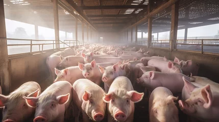 Fotobehang Agricultural Crops: Pigs in pig farms still eat from troughs. Food in the barn, healthy pigs, pig farm © Phoophinyo