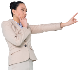 Digital png photo of serious asian businesswoman pointing with finger on transparent background