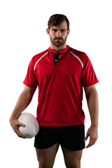 Digital png photo of focused rugby player holding ball on transparent background
