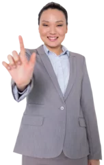 Fotobehang Aziatische plekken Digital png photo of happy asian businesswoman pointing with finger on transparent background