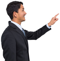 Digital png photo of happy biracial businessman smiling and showing on transparent background