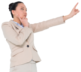 Digital png photo of serious asian businesswoman pointing finger on transparent background