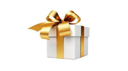 Golden luxury gift box with a golden ribbon on white background