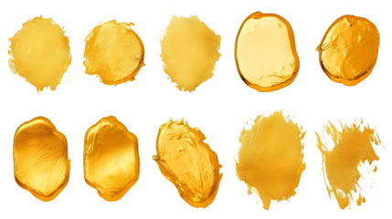 Creative brushstrokes of gold paint isolated on a white background. Gold paint texture.