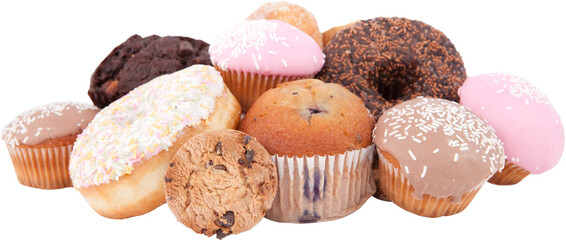 Digital png illustration of many cupcakes and baked goods on transparent background
