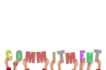 Digital png illustration of hands and commitment text on transparent background