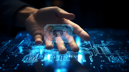 electronic hand holds microchip neon blue, cpu, mother board