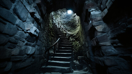 Ascend the spiraling stairs of a castle's ominous tower, mysterious and haunting