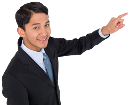 Digital png photo of happy biracial businessman pointing finger on transparent background