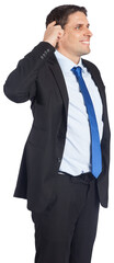 Digital png photo of happy caucasian businessman scratching head on transparent background
