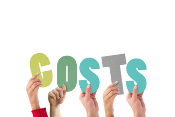 Digital png illustration of hands with costs text on transparent background