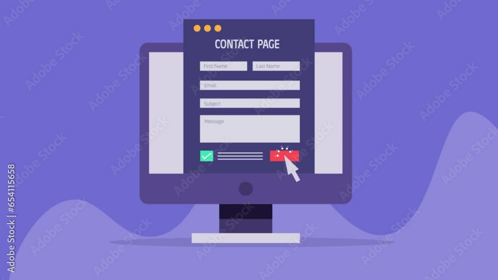 Poster using contact form on website pc screen, business communication internet technology, video animation