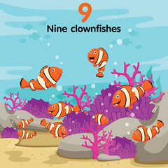 Illustrator of number with nine clown fish