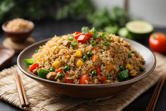 fried rice on a plate with vegetables