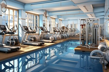 Modern fitness room interior with sports equipment in the gym. Modern exercise equipment for exercise and more. sports equipment in the gym