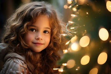 Beautiful baby portrait, Close up of a girl child's face illuminated by the warm light.