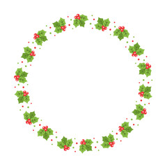 Round Mistletoe Frame, Christmas and New Year Card Template, Winter Holiday Season Plant Design Border. Vector Illustration for greetings, invitation, social media post.