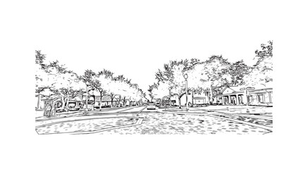 Building view with landmark of Sanford is the city in Florida. Hand drawn sketch illustration in vector.