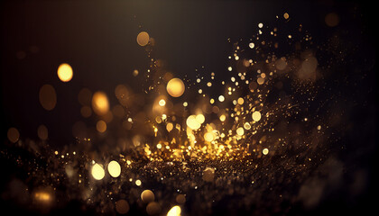 Golden light shine particles bokeh on dark background, Ai generated image