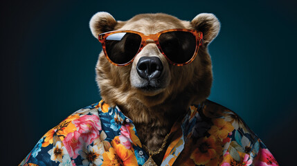 Fototapeta premium Bear's Half-Body Shoot with Hawaiian Shirt and Sunglasses