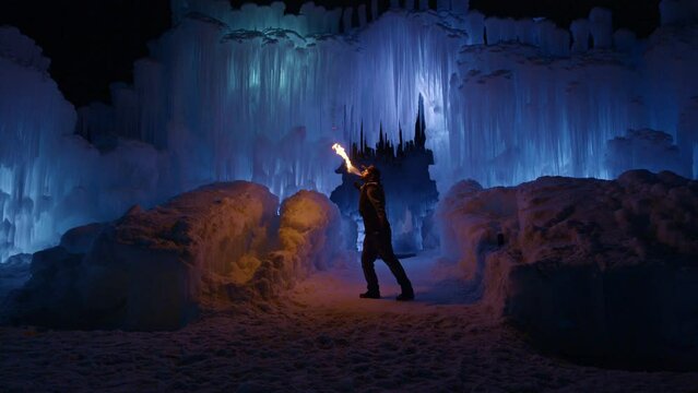 Spitting Fire In Front of Ice Castle - Wide, Slow Motion