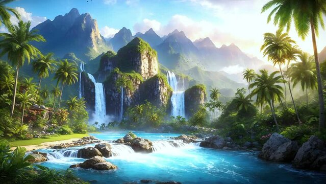Waterfall in a Serene Forest Landscape with Majestic Mountains and Lush Tropical Vegetation
