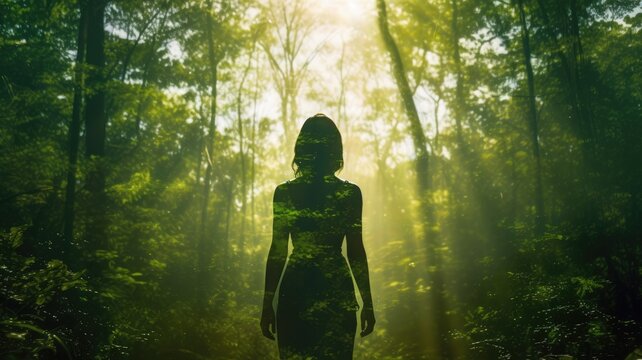 Woman in Yoga Full Body Backlit Pose in the Forrest. Generative AI image weber.