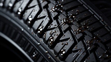 Detailed view of a wet tire with water droplets, emphasizing its design and effectiveness against slippage.