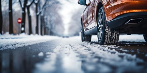 Majestic winter avenue, with a car's tire tracing its path, showcasing the harmony of nature and technology.