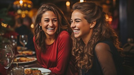 at the Christmas dinner celebration, the daughter and mother are conversing,. - obrazy, fototapety, plakaty