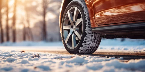 Fotobehang Sunlit view of a car's tire tread imprinted on fresh snow, symbolizing secure journeys in frosty conditions. © Liana