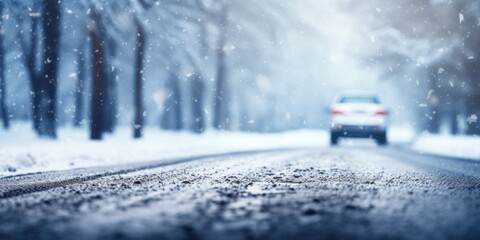 Snow flurries around a vehicle journeying through a wintry landscape, a testament to safe winter travel. - obrazy, fototapety, plakaty