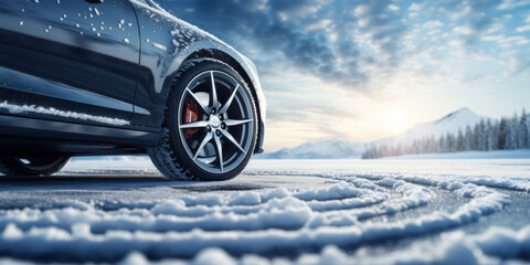 Close-up of a car's wheel navigating snowy terrain, showcasing the reliability of winter tires.