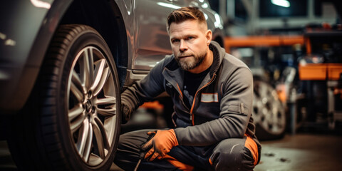 Professional mechanic in a workshop, inspecting a vehicle's wheel, symbolizing expertise and maintenance importance.