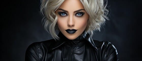Fototapeta premium Beautiful woman in Halloween makeup and blond hair. model dressed all in black. Thanksgiving them.