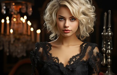 Fototapeta premium Beautiful woman in Halloween makeup and blond hair. model dressed all in black. Thanksgiving them.
