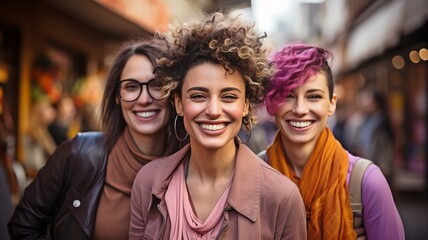With her multiracial female pals, a middle-aged lesbian is supporting International Women's Day.