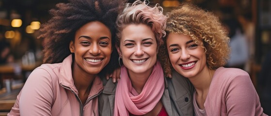 With her multiracial female pals, a middle-aged lesbian is supporting International Women's Day. - obrazy, fototapety, plakaty