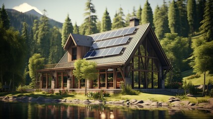 Fototapeta premium A home with solar cell and sunny blue sky. Solar panels on roof of the house renevable energy green power photovoltaic