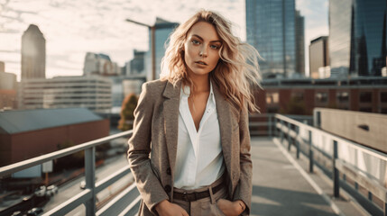 Obraz premium Contemporary Cityscape Glam: A stylish woman in a blazer, chic and confident