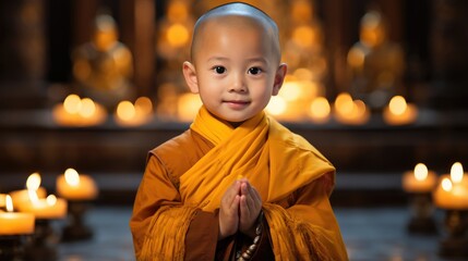 An adorable 2-year-old Asian Buddhist monk wearing a yellow-orange threefold robe inside the temple. Generative ai - obrazy, fototapety, plakaty
