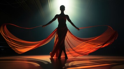 A rhythmic gymnast twirling a red ribbon-like dress, a silhouetted woman dancing, a backlit stage performance. Generative ai