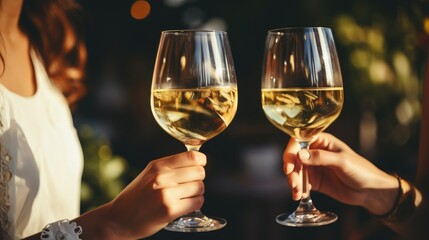 Two girls cheersing wine glasses. Two glasses of white wine, female hands. Generative ai